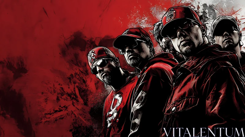 Urban hip hop crew dominates crimson grunge skyline.