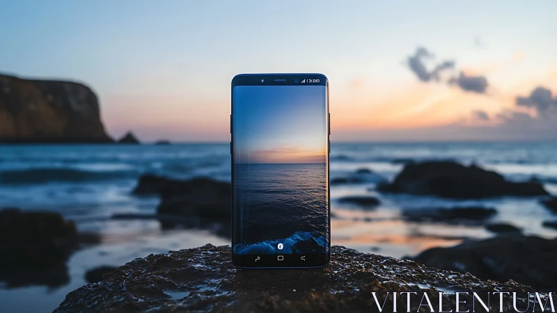 Smartphone Display Sunset Seascape: Coastal Rocky Composition