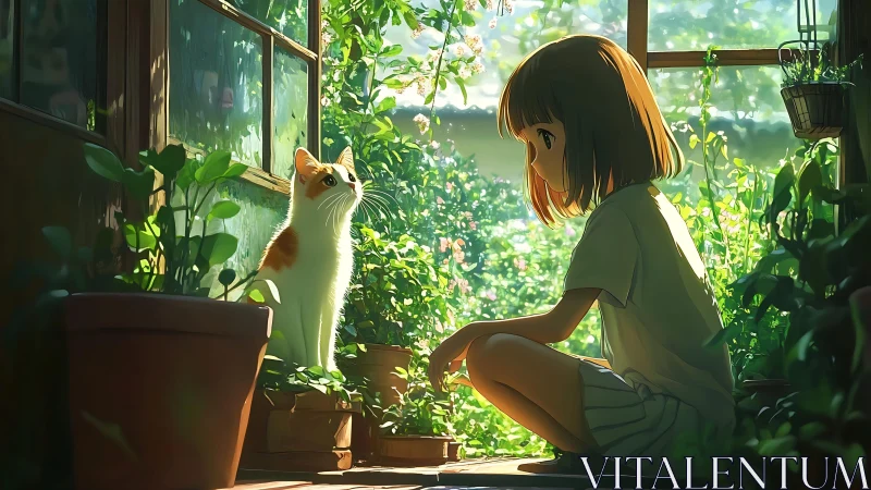 Girl and cat in sunlit garden doorway with dense greenery.