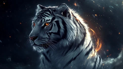 Mythic white tiger with ember halo in cosmic nightscape.