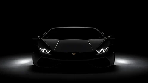 Sleek black supercar emerges dramatically from deep shadow