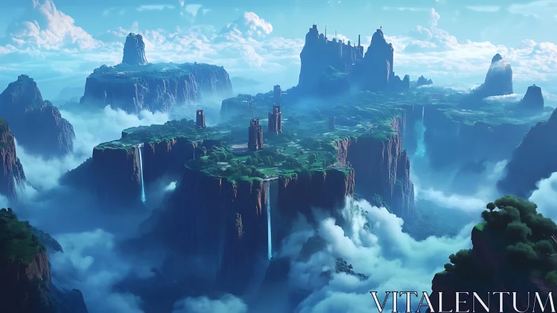 Floating mountain citadel emerges through atmospheric cloud layers with architectural towers.