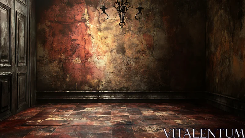 Textured decayed interior with chandelier and aged wall plane.