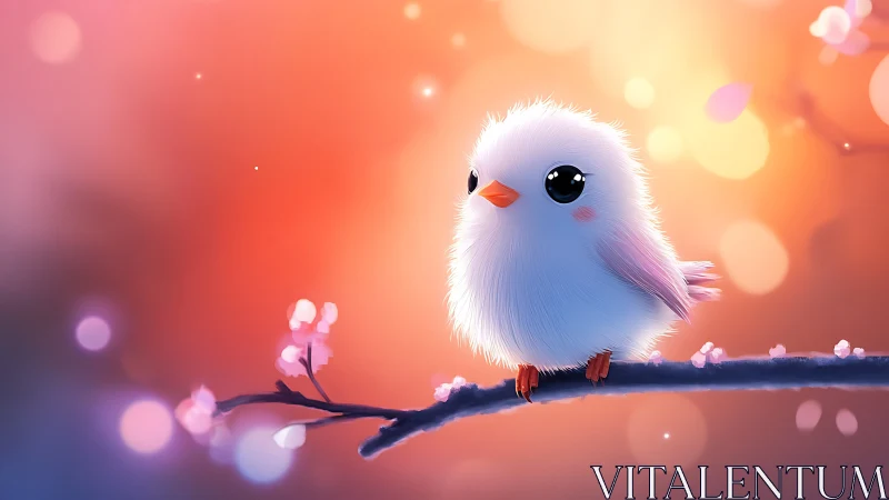 Fluffy White Bird Perched on Branch Against Warm Bokeh Backdrop