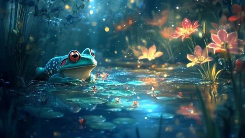 Frog in luminous pond surrounded by glowing flowers.