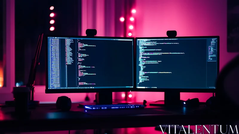 Dual-monitor workstation displays code in low-light office