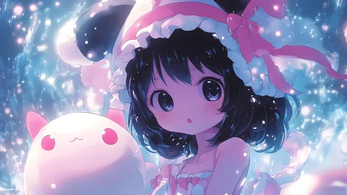 Iridescent anime girl with plush creature in glowing bokeh field