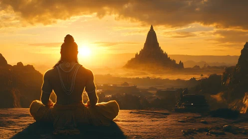 Sunlit ascetic overlooking distant golden temple at dawn.