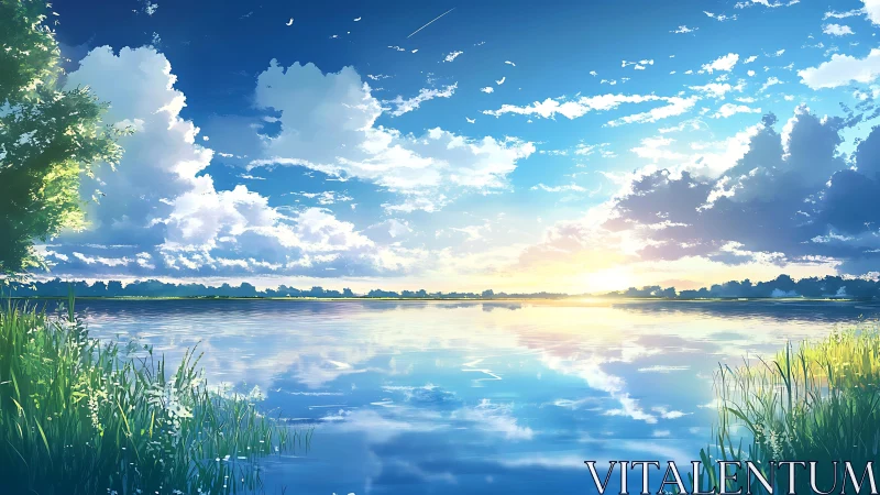 Sunlit river hushes the clouds into shimmering reflections