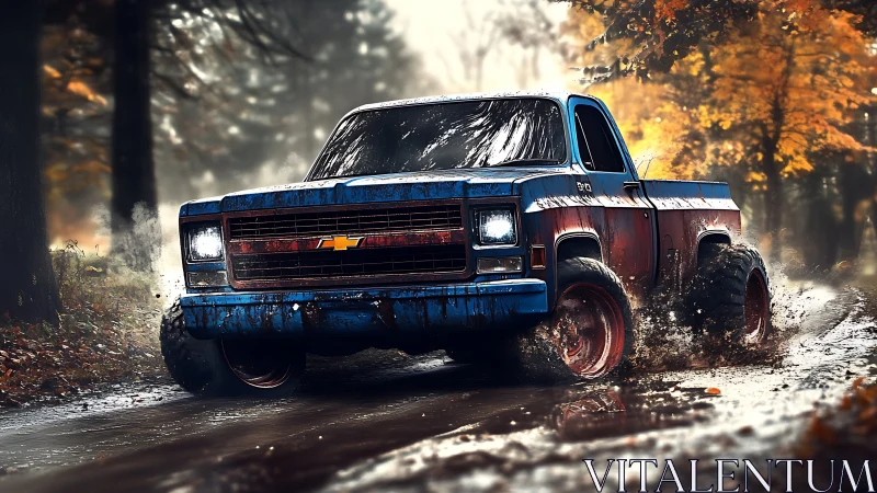 Mud-slinging blue pickup storms a glowing autumn forest trail.