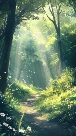 Luminous forest pathway with volumetric light rays filtering through dense canopy.