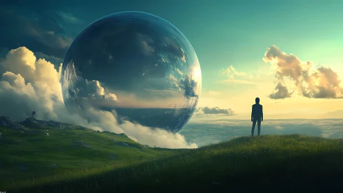 Surreal digital landscape with reflective cosmic sphere horizon.