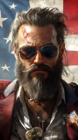 Weathered bearded man in sunglasses before US flag.