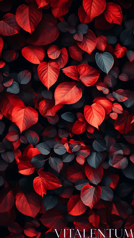 Red and dark foliage pattern with overlapping leaves.