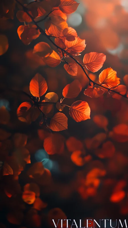 Backlit autumn foliage with shallow depth and warm bokeh glow.