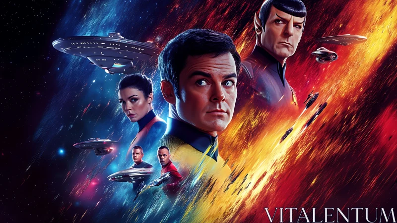 Poster groups uniformed space crew with starships in nebula field