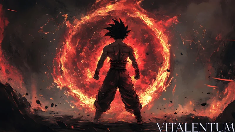 Fiery anime warrior standing strong in a blazing storm.