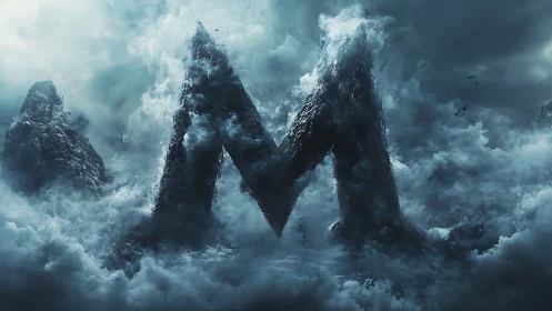 Monolithic letter M rises from storm-torn ocean mist.