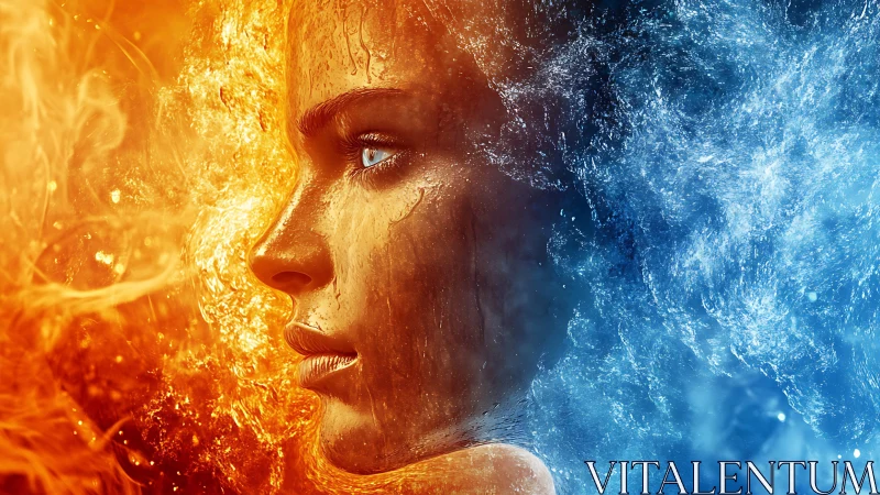 Surreal portrait of woman with fiery and watery elements fused together.