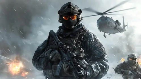 Frostfront commando strides through ash and rotor thunder.