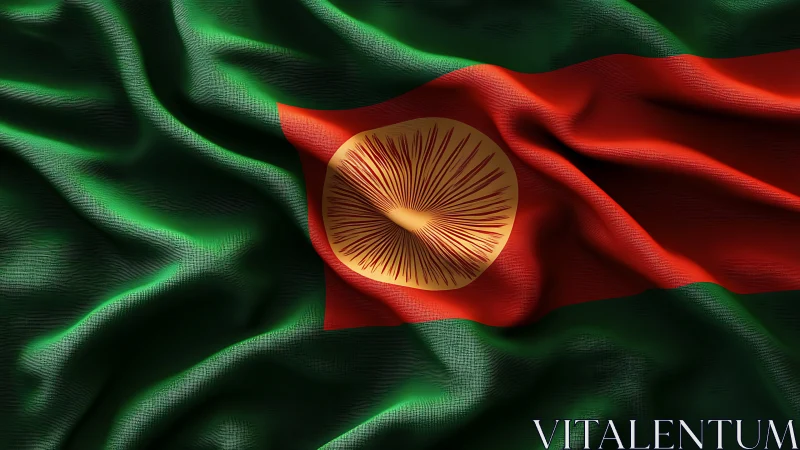 Textured green red flag with abstract radial golden emblem.