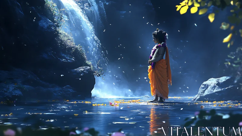 Divine child meditates beside luminous waterfall at dusk.