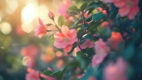 Pink flowering shrub with selective focus and bokeh rendering.