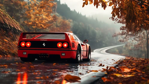 Red sports car is positioned on wet winding forest road
