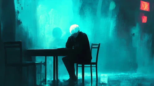 Solitary figure at table in neon blue urban haze.