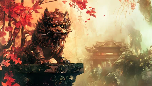 Guardian stone lion rendered in warm mist with distant temple