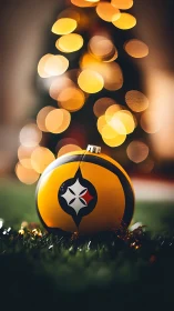 Yellow holiday sports ornament on grass with lights.