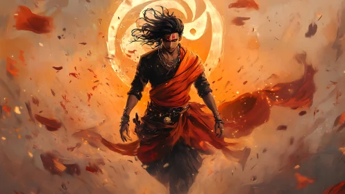 Ember-clad wanderer strides from the swirling sigil sun