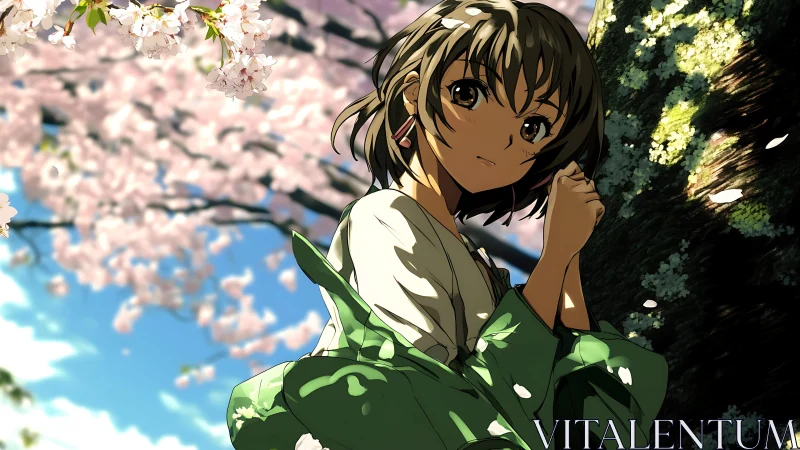 Under sunlit cherry blossoms, contemplative girl in green kimono.