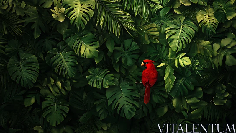 Red parrot perches against dense layered tropical foliage