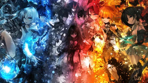 Elemental anime girls divided by blue ice and orange fire