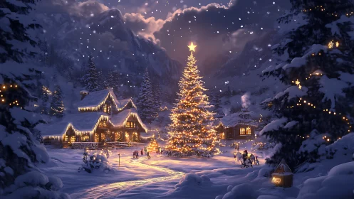 Starlit village tree stitches golden warmth into winter hush