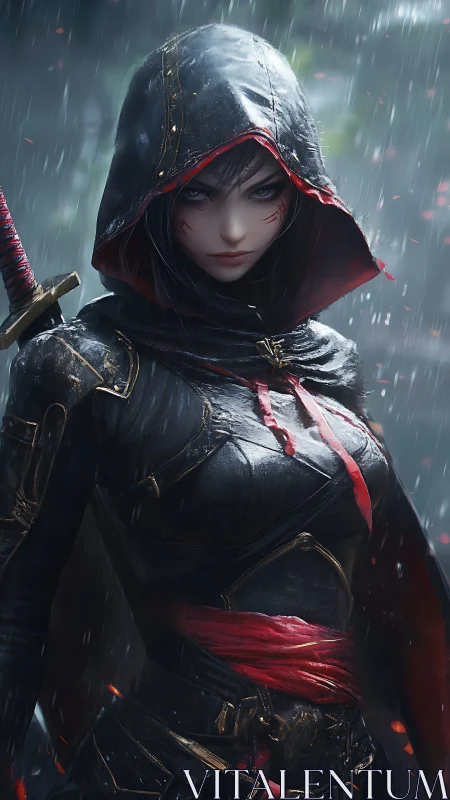 Hooded kunoichi in rain with wet specular armor and drawn katana