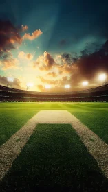 Sunset floodlights crown a waiting cricket pitch in silence.