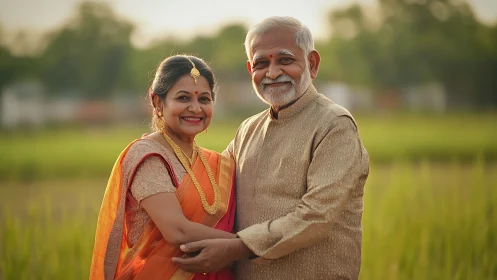 Elderly Indian couple in traditional attire smiling outdoors.