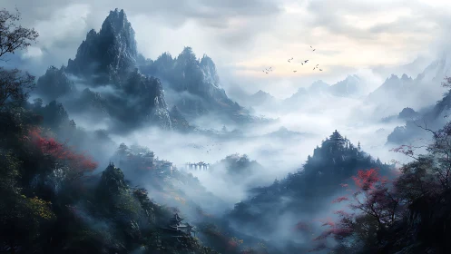 Misty mountain valley renders atmospheric East Asian fantasy