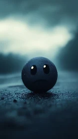 Dark sad face sphere on wet ground in moody light.