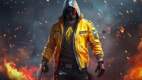 Masked cyberpunk gunfighter in burning urban battlefield.