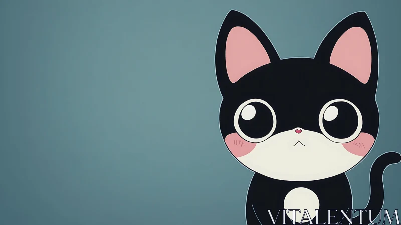 Wide-eyed cartoon kitten waits in teal daydream space.