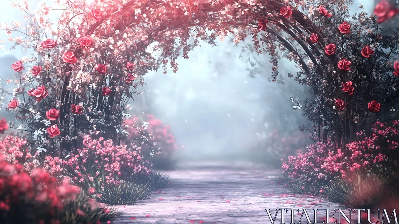 Dreamy rose garden archway inviting a quiet wanderer.