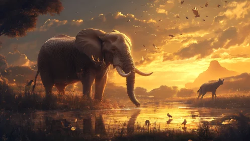 Majestic elephant pauses at glowing savanna waterhole at dusk.