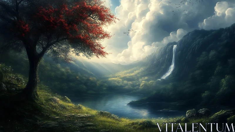 Crimson tree beside tranquil lake under radiant clouds.