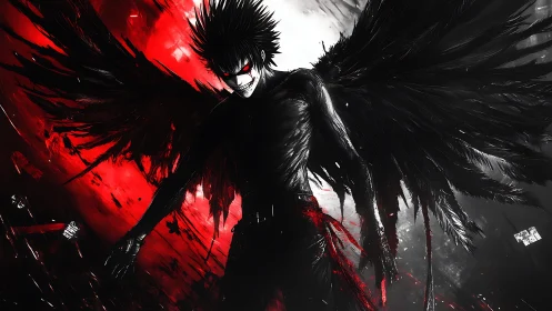 Dark winged humanoid figure in red and monochrome environment.