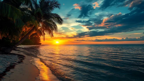 Tropical beach sunset with palm trees and calm shoreline.