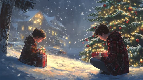 Two children examine illuminated gifts in snowy outdoor scene