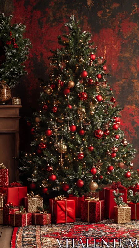 Christmas tree with red ornaments and gifts on carpeted floor.